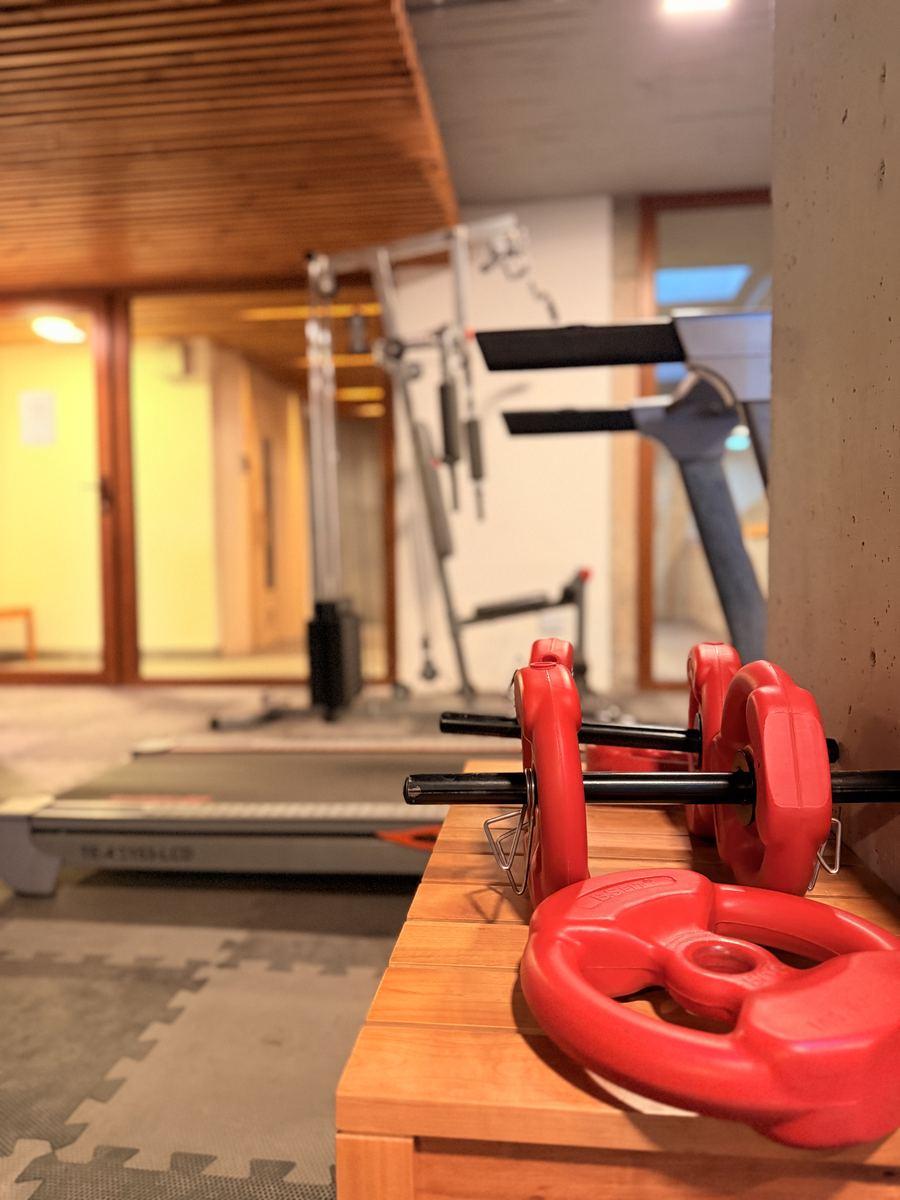 Pesas y cinta de correr en el gimnasio del edificio Aliwen